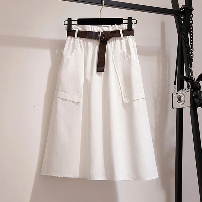 

2019 Fashion A-Line Skirt Women Summer Midi Knee Length With Belt Ladies High Waist Casual Student Skirts