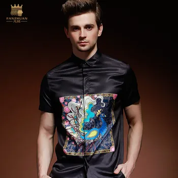 

FanZhuan Free Shipping New 2018 casual Male men's man summer short-sleeved black peacock print design shirt personality 812084