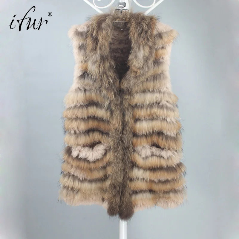 2017 Women New Genuine Rabbit Fur Vest With Hood Fashion Raccoon Fur