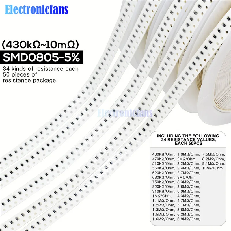 1700 шт./лот 0805 SMD резистор 0R-10 м Ом 5% 1/8 Вт 0,25 чип сопротивление фиксированной комплект резисторов в ассортименте Большие размеры 34 значения х 50 шт = 1700 шт