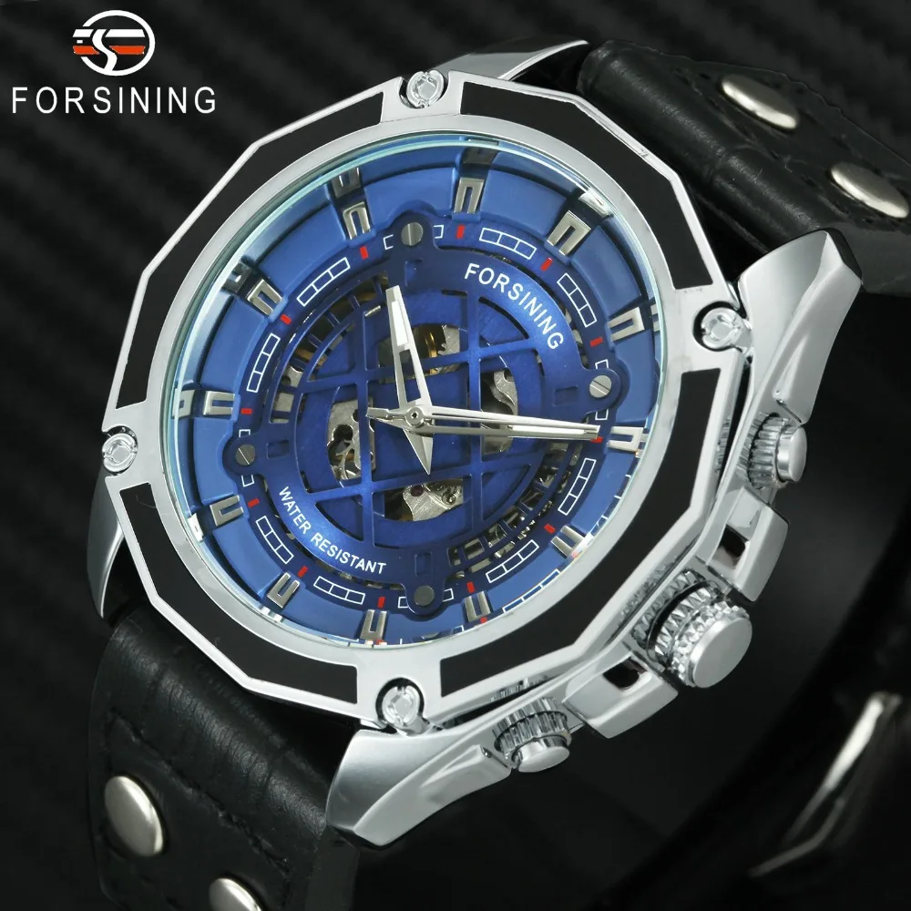 

FORSINING Fashion Blue Mens Watches Top Brand Luxury Skeleton Auto Mechanical Leather Strap Causal Wristwatch Waterproof 2018