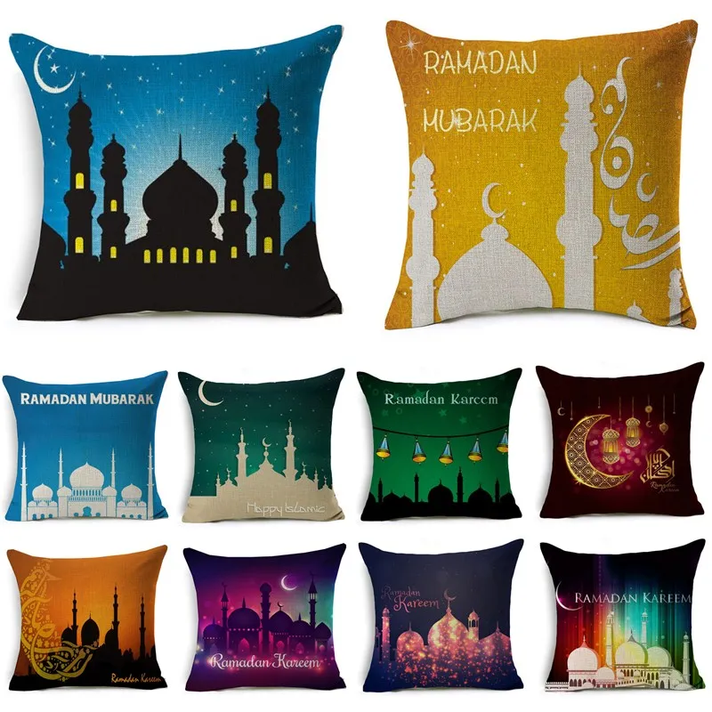 

Ramadan Decoration Eid Mubarak Moon Mosque Linen Cushion Cover Decorative Cushions Pillows for sofa Living Room Cushion 40253