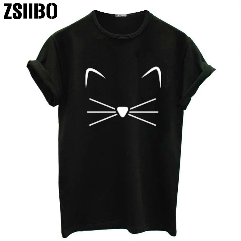 

ZSIIBO Black T Shirt Women Tops Punk Cartoon Cat Face Letter Print Tee Shirt Femme T-shirt Casual Tee Shirt O-neck Rock Tops