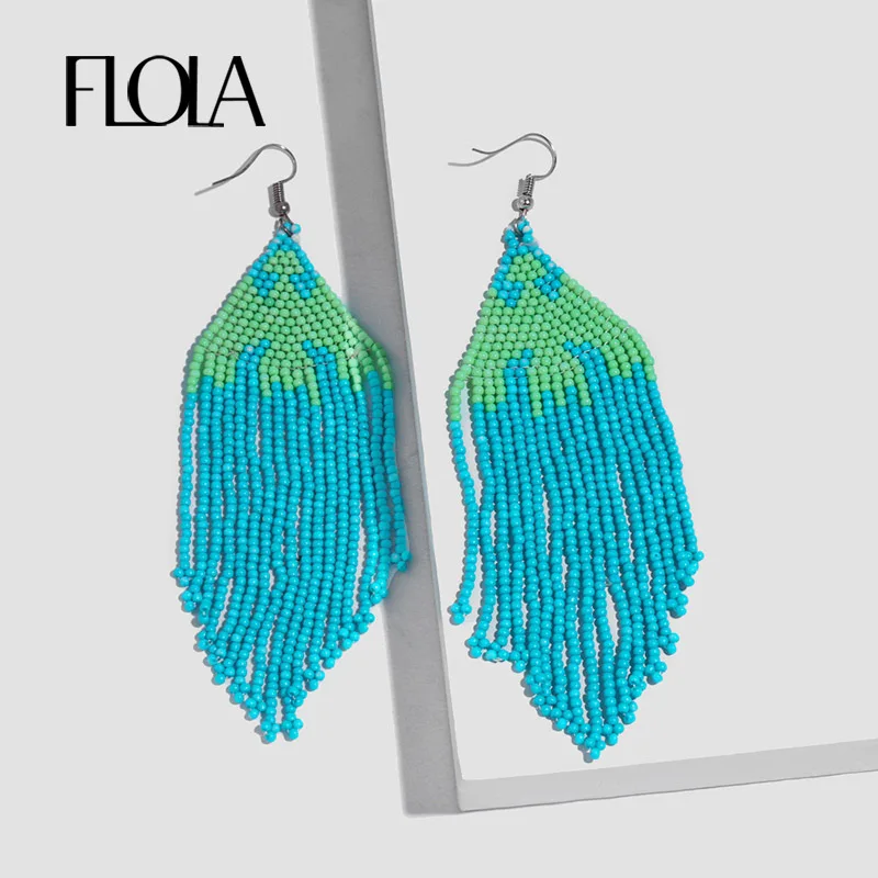 

FLOLA Handmade Boho Bead Fringe Earrings Multicolor Long Beaded Earrings For Women Pendientes Hechos A Mano Ethnic Jewelry erq08