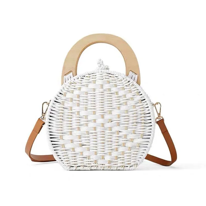 

New Ladies Shoulder Bag Fashion Wooden Handle Rattan Knit Bag Handbag White New Weaving Straw Bag Shoulder Messenger Bag