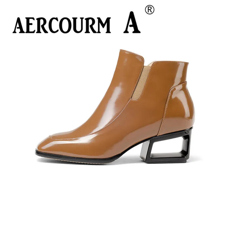 

Aercourm A Women Boots Winter Cowhide Short Plush Warm Boots High Quality Genuine Leather Ankle Boots Square Toe Black Shoes 944