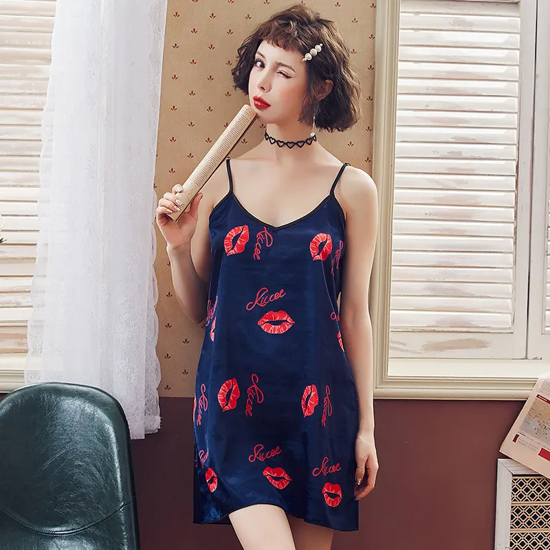 

Wasteheart Women Fashion Female Pink Sexy Sleepwear Nightdress Faux Silk Dot V Neck Nightwear Sleepshirt Nightgown Luxury French