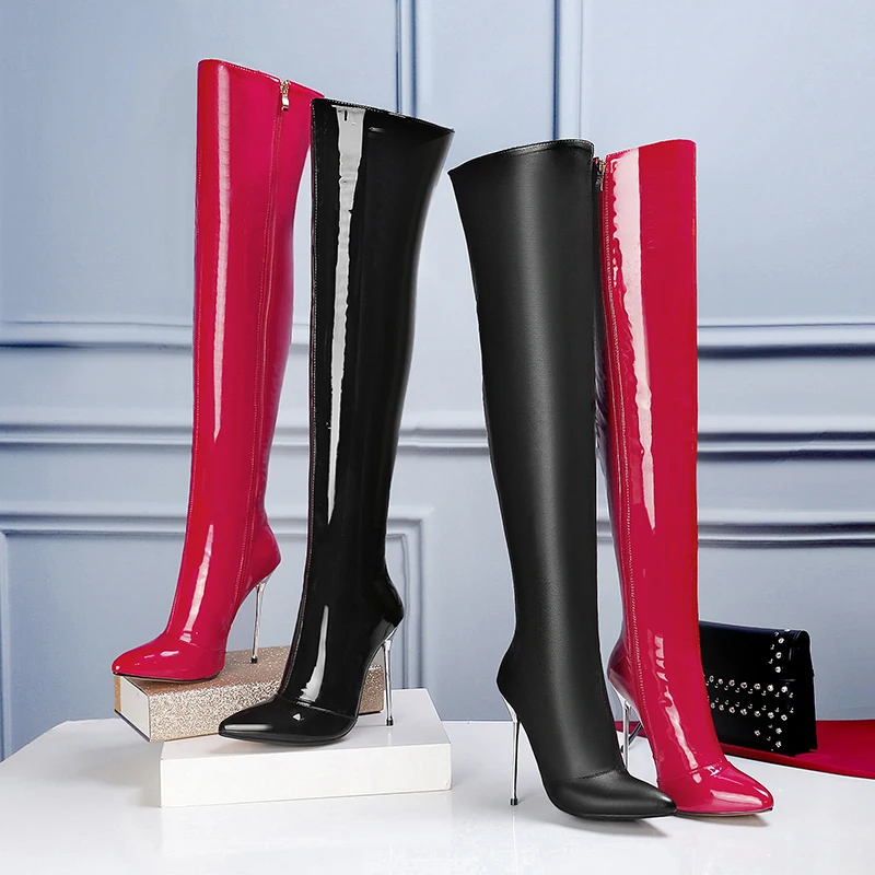 WETKISS/зимние пикантные женские сапоги на тонком высоком каблуке; эластичные сапоги из искусственной кожи; Женские Сапоги выше колена с острым носком; обувь на шпильках