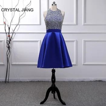

Ready for shipping Cocktail Dress 2019 Royal Blue Satin Short Dress Open Back Sexy Halter Party Dresses