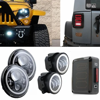

White Halo 7 inch LED Headlight & 4'' Fog Light & Tail Lamp For Jeep Wrangler