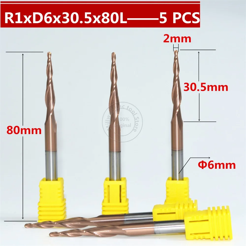 

Free shipping-5PCS R1*D6*30.5*80L*2F HRC55 Tungsten solid carbide Coated Tapered Ball Nose End Mill taper and cone end mills