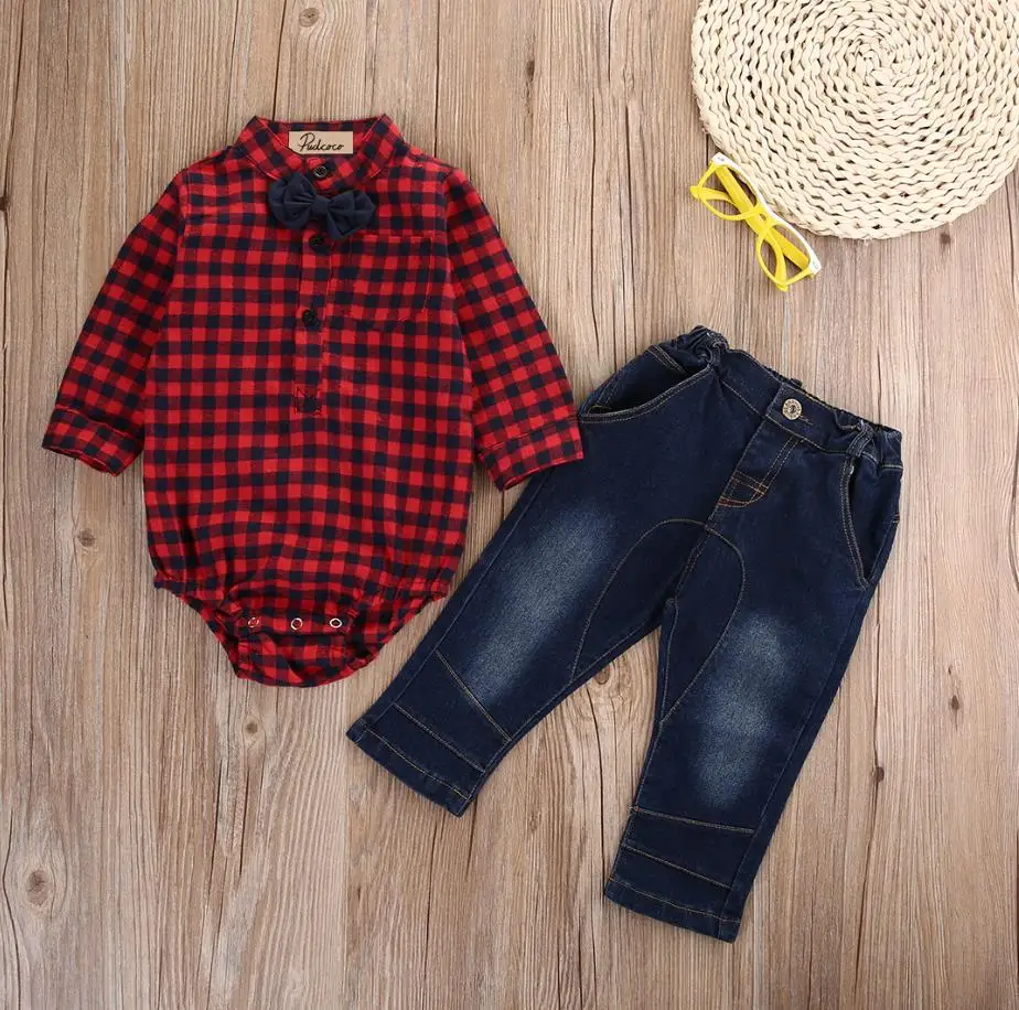 Комплект одежды для маленьких мальчиков рубашка в клетку с длинным рукавом Футболка для девочек+ джинсы, комплекты со штанами для маленьких мальчиков модные Костюмы набор