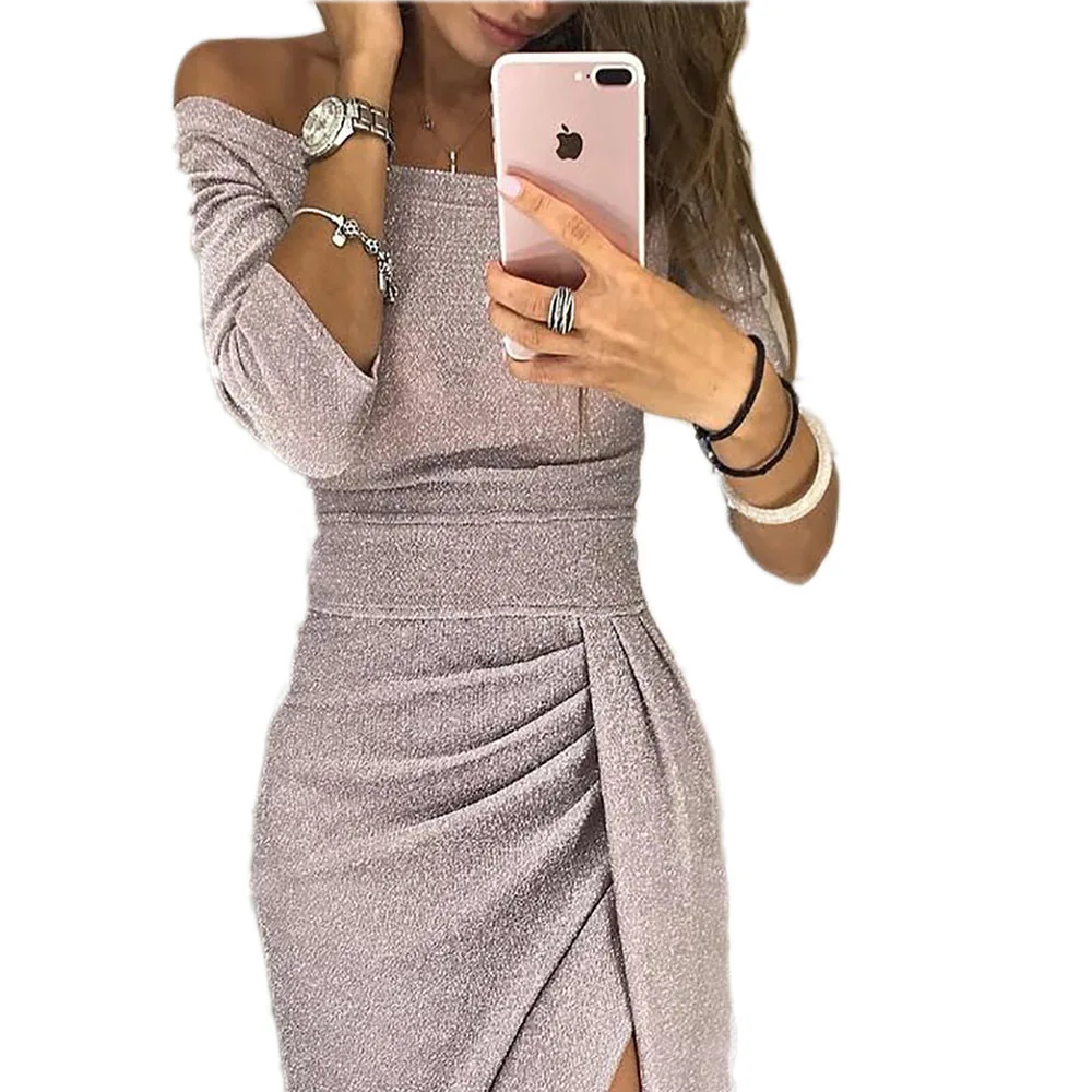 

Front Split Sexy Bodycon Women Dress for 2019 Plus Size Sparkly Off Shoulder Lady Dresses Glitter Party Dress Casual Clubwear