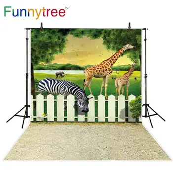

Funnytree photography backdrops 3D animal zoo white wood fence zebra giraffe child newborn photo studio background photocall