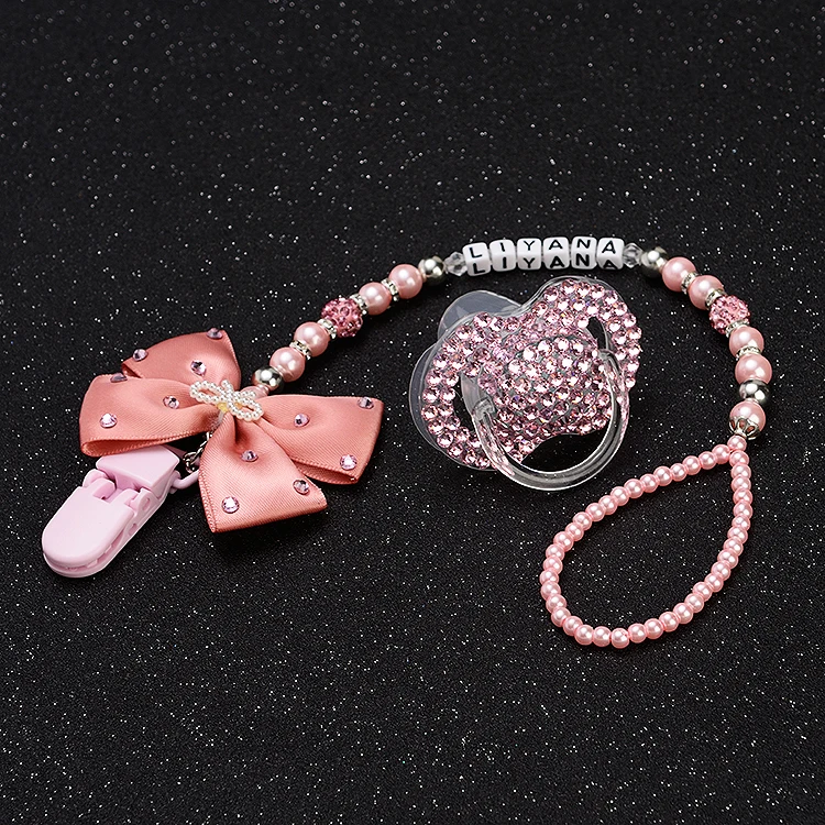 

Personalised-any name stunning pink bling pacifier clip holder dummy clip with bling pacifier