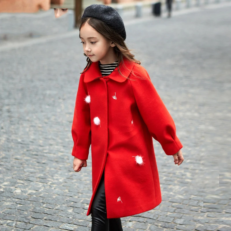 2017 Winter Girls Woolen Coat Christmas Jacket Windbreaker Red Little