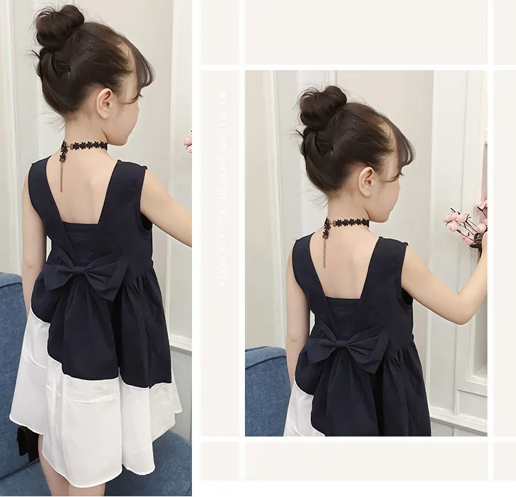 Bow Big Girls Princess Dress Cotton Blue White Patchwork Kids Dresses Summer 2019 Child Party Holiday Children Clothing.jpg