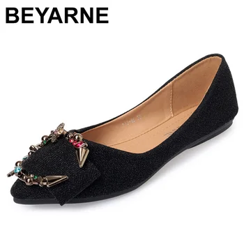 

BEYARNECasual Fabric Lace-Up Pointed Toe new Slip-On TPR women fashion PU Shallow Metal Decoration Boat Shoes flat Crystal Hemp