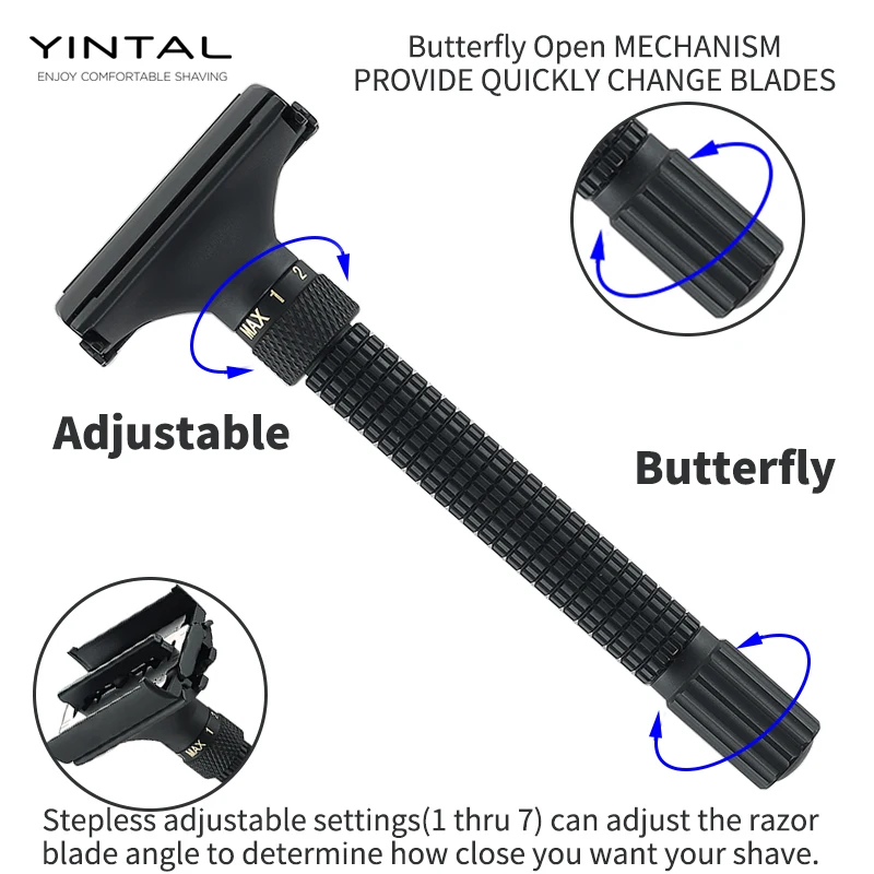Kopen YINTAL Nieuwe Verstelbare Vlinder Open Dubbele Rand Scheermes Matte BLACK Messing Scheermessen Ontworpen Door WEISHI