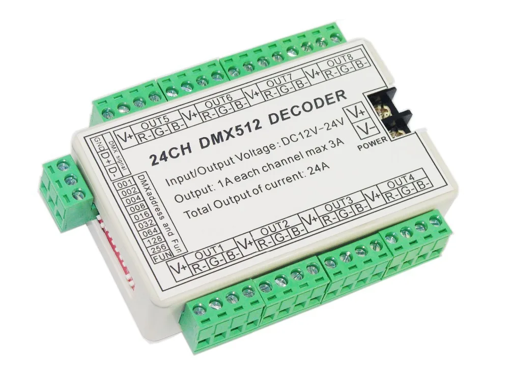 

Free Shipping 24ch Dmx512 Decoder,24 Channel Dmx Drive, Dc5v-24, 8 Group Rgb Output For Led Strip Light,rgb Dump Node, Module