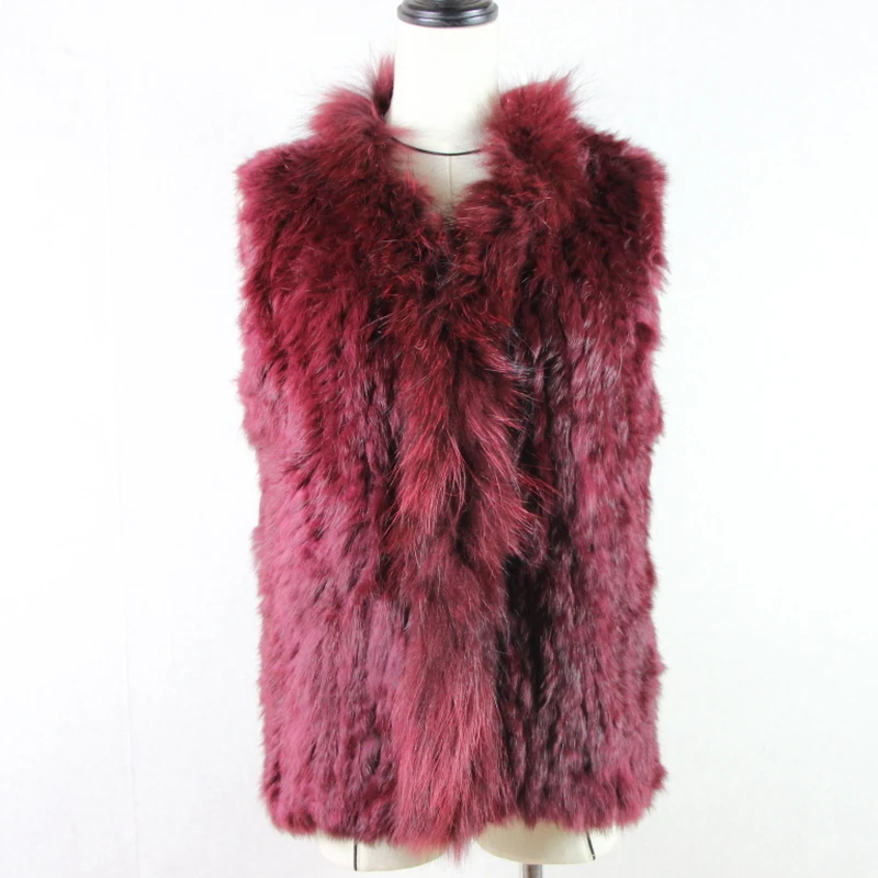 

Free shipping womens natural real rabbit fur vest with raccoon fur collar waistcoat/jackets rabbit knitted winter European style
