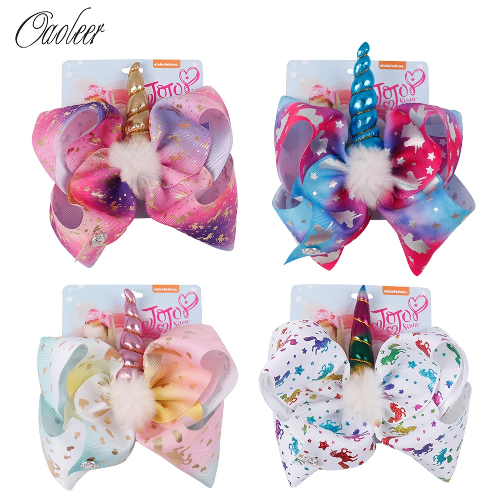 

8 Inch Large Cartoon Hair Bow White Pompom Rainbow Cartoon Bow-knot Handmade printed ribbon Hairbows Girls Hair Accessories