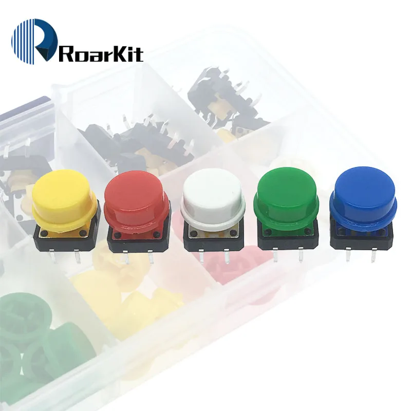 

25PCS Tactile Push Button Switch Momentary 12*12*7.3MM Micro switch button + Button cap(5 colors) + Component box for Arduino