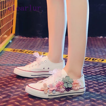 

Sneakers flat with canvas shoes women's casual shoes women's handmade custom stereo sequins flowers flat vulcanized shoes