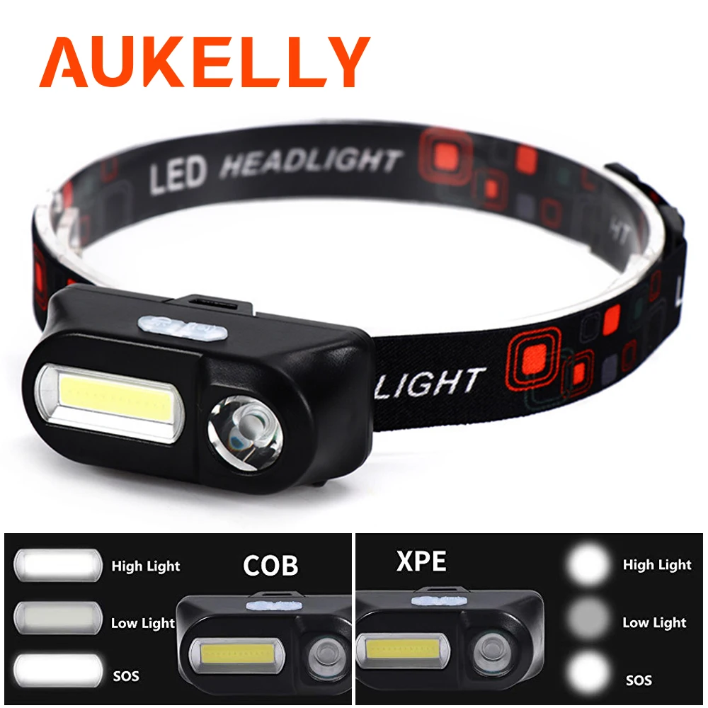 

Aukelly Mini COB LED Headlight Headlamp XPE Head Lamp Flashlight USB Rechargeable 18650 Torch Camping Hiking Night Fishing Light