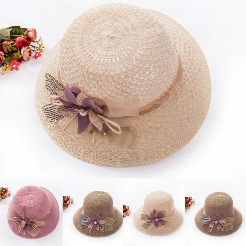 

New 2019 Women Summer Big Wide Brim Straw Hat Floppy Derby Beach Cap Panama Ladies Cap Fashion Flowers Handmade Casual Flat Brim