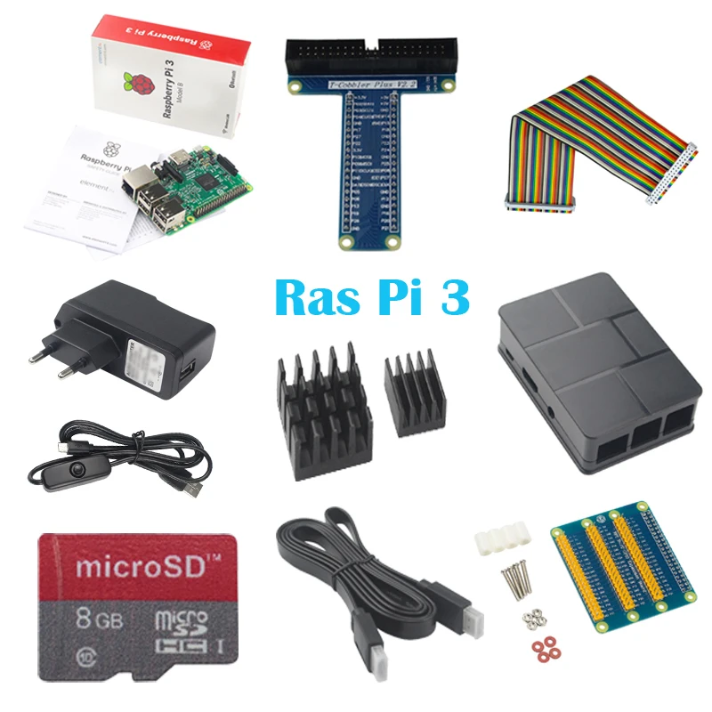ФОТО 10 in 1 Raspberry Pi 3+ABS Case+8GB SD Card+GPIO adapter+2pcs Heat Sink+HDMI cable+2.5A Power adapter with switch cable for pi 3