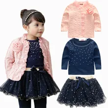 Nouvelle arrivée printemps et automne bébé filles vêtements ensembles 3 pièces costume filles fleur manteau + bleu t-shirt + tutu jupe filles vêtements