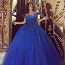 Королевское синее Пышное Дешевое бальное платье с открытыми плечами из тюля, вечерние платья с бисером 16