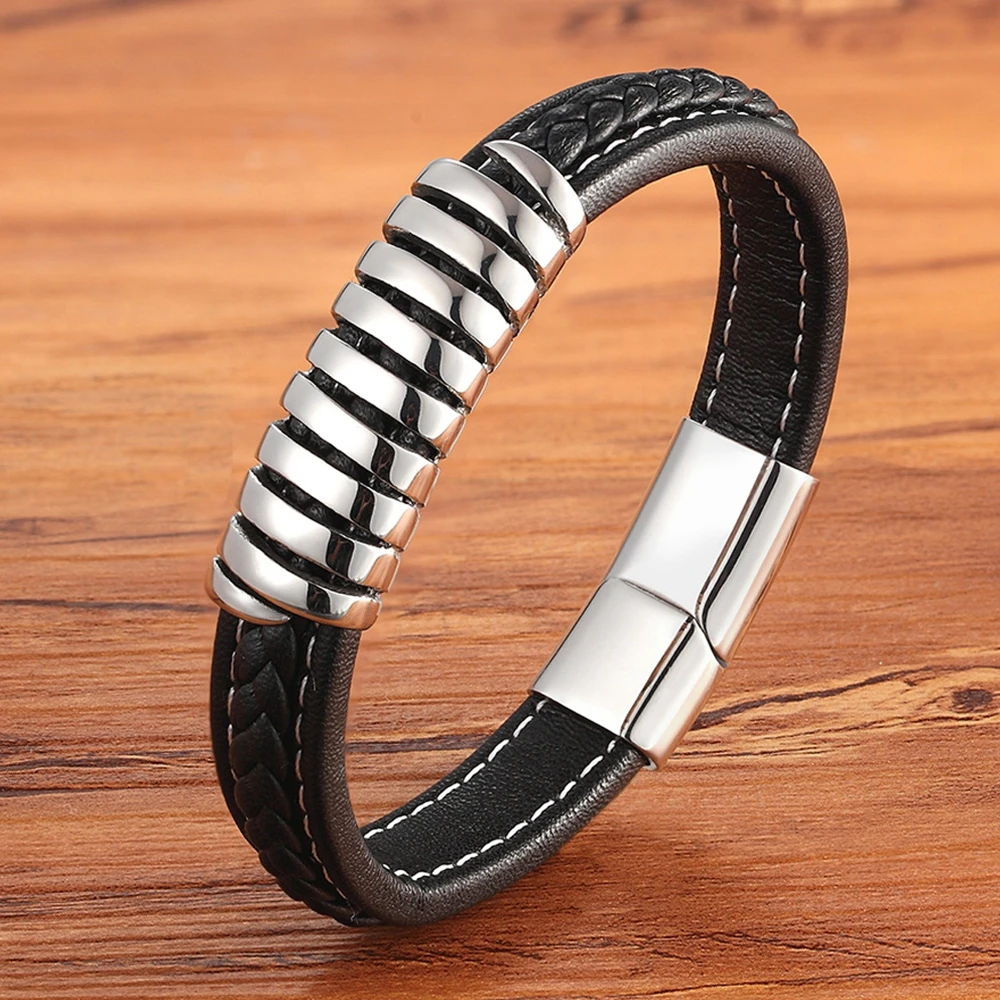 

New Arrival Punk Winding Special Design Gold/Steel Stainless Steel Rule Graphic Fashion Genuine Leather Bracelet Bangle For Men