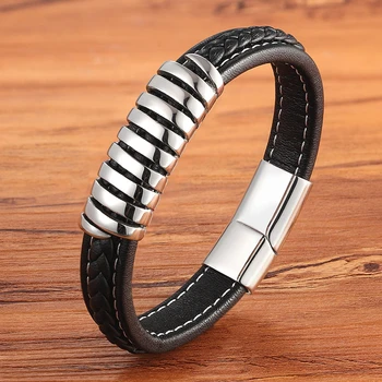 

New Arrival Punk Winding Special Design Gold/Steel Stainless Steel Rule Graphic Fashion Genuine Leather Bracelet Bangle For Men