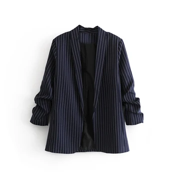 

Buttoned striped pleated sleeves blazer women's 2019 spring and summer new casual fashion striped office ladies suit B103