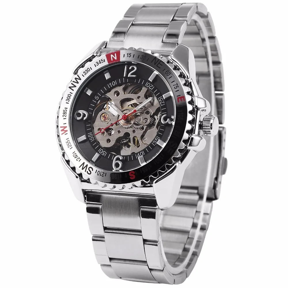 Relojes Male SHENHUA Geared Rotatable Bezel Auto Mechanical Skeleton Stainless Steel Band Men Sport Watch Deportivos