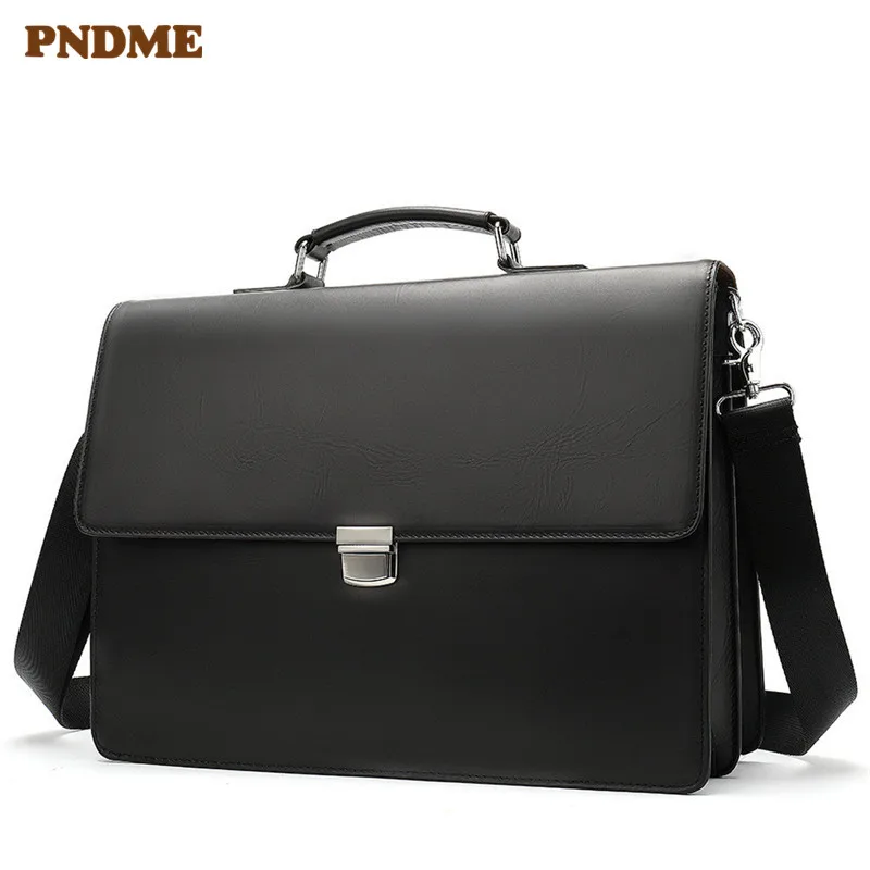 PNDME высококачественный деловой мужской портфель из натуральной кожи черного цвета Повседневная простая сумка для ноутбука Офисные Сумки
