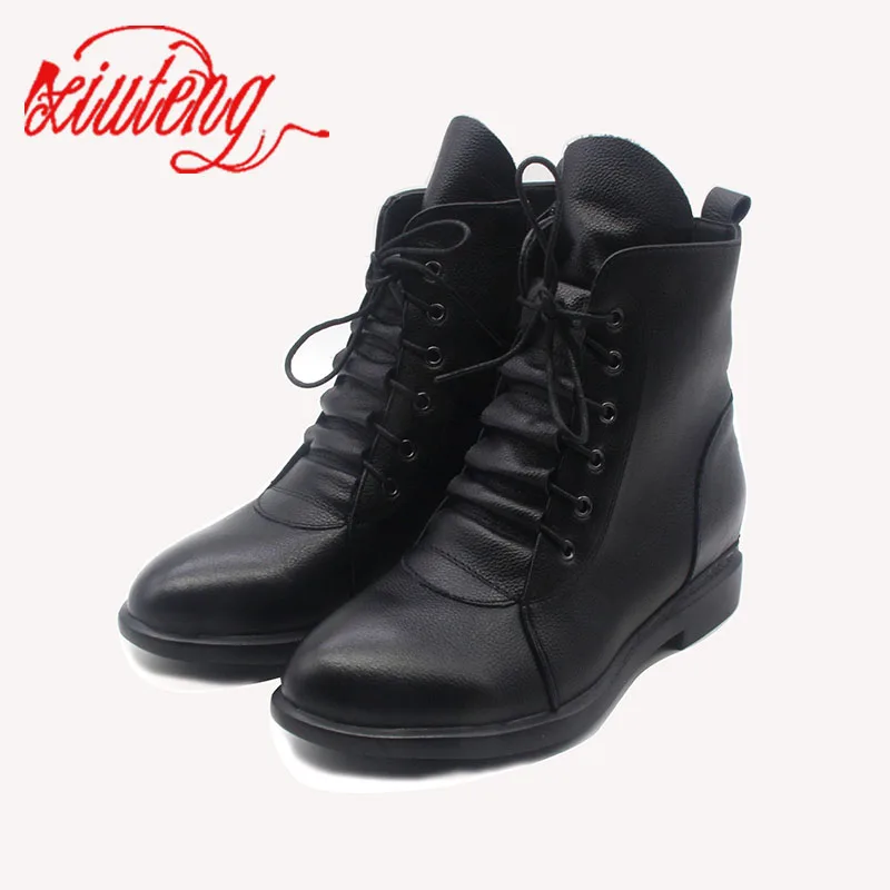 ФОТО Handmade Ankle Boots Warm Velvet Martin Flat With Boots Leather Shoes Retro Winter Snow Boots Botines Mujer Women Shoes
