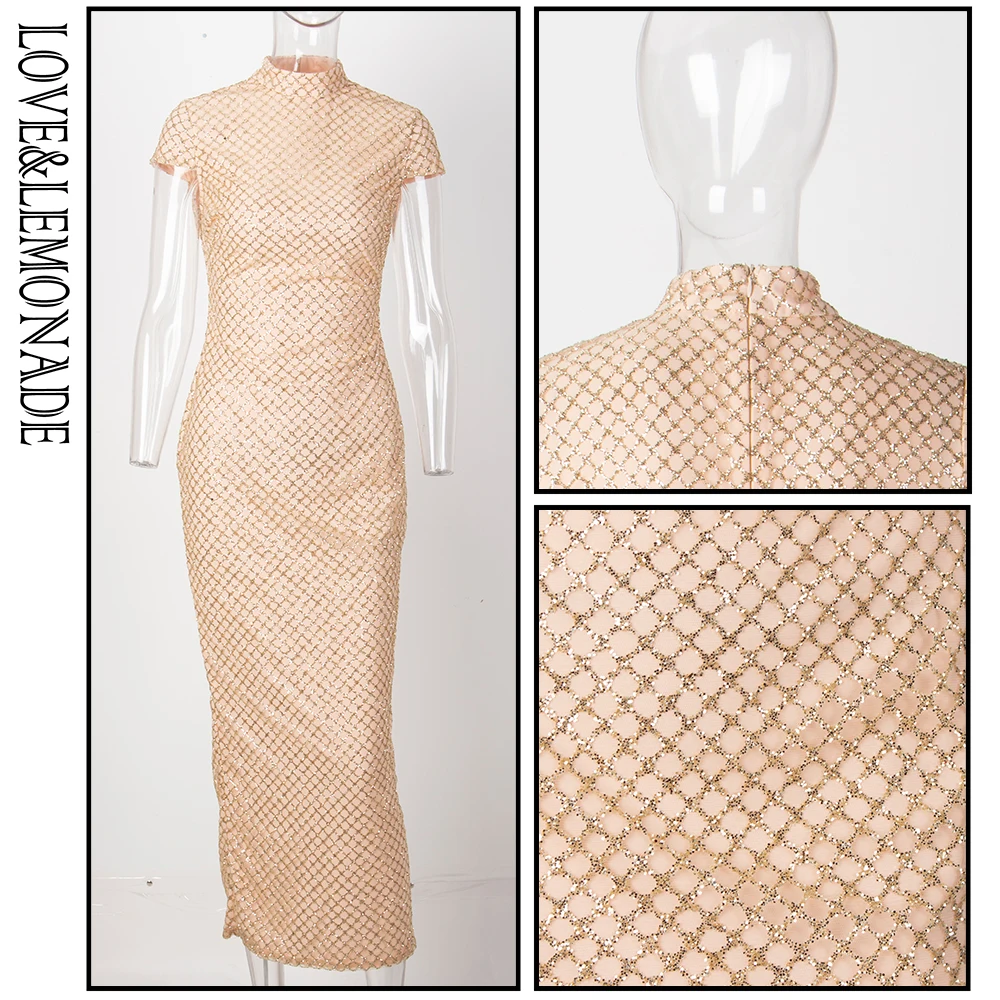 Love& Lemonade/тонкие вечерние платья в золотую клетку со стоячим верхом из блестящего материала LM1280