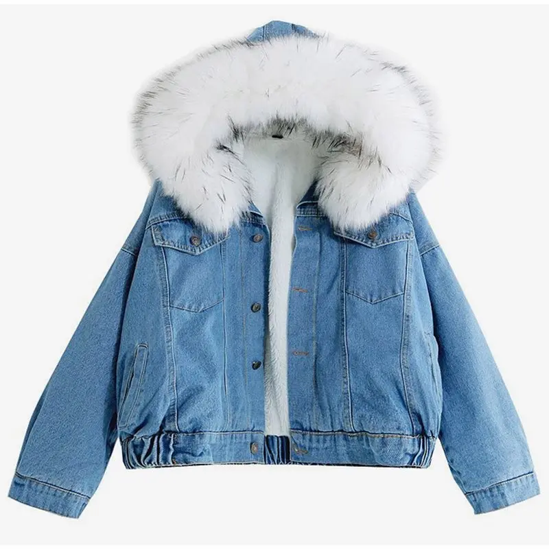 Women Denim Jacket 2019 Winter Thick Tops Faux Fur Collar Fleece Hooded Female Outwear Outfits Denim Coat Jeans Jackets