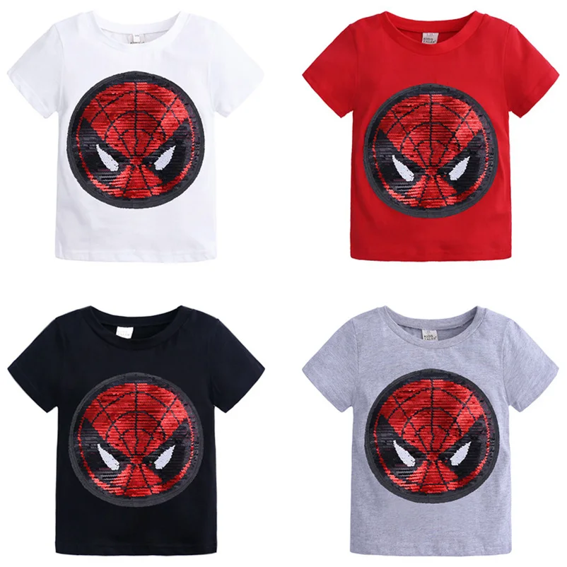 

Summer Spiderman Captain America Sequins Turned Face Discoloration Pattern Short Sleeve T-Shirts Cotton Children Baby Clothing
