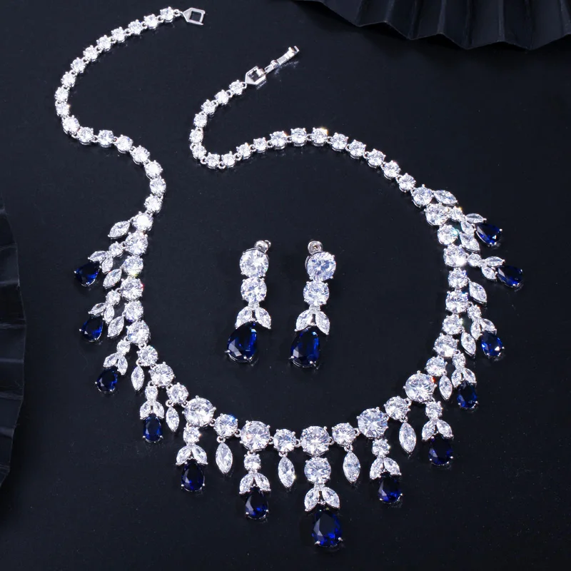CWWZircons роскошные темно-синие женские украшения для свадебного платья, большие висячие Висячие свисающие Свадебные CZ ожерелье серьги Ювелирные наборы T341