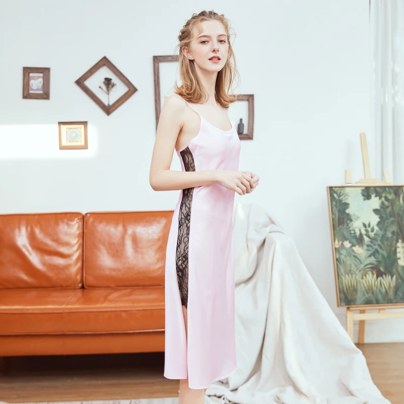 

Wasteheart Women Fashion Pink Sexy Long Nightdress Faux Silk Nightwear Sleepshirt Nightgown Sleepwear Spaghetti Strap Lace Gown