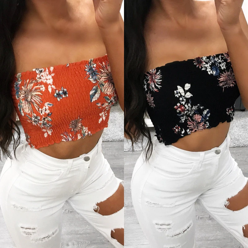 New Women Floral Print Seamless Bandeau Crop Tube Top Strapless Wrap Bustier Bra