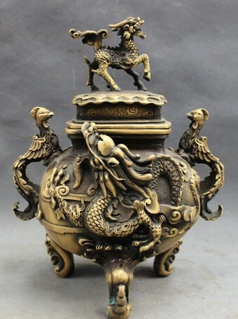 

004697 9" Folk Tibet Bronze FengShui Dragon Kylin Phoenix Statue Incense Burner Censer