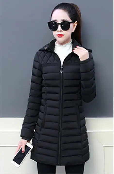 Женское зимнее теплое пальто с капюшоном, приталенное, плюс размер 5XL, яркие цвета, с хлопковой подкладкой, Базовая куртка, женская, средней длины, jaqueta feminina - Цвет: Черный