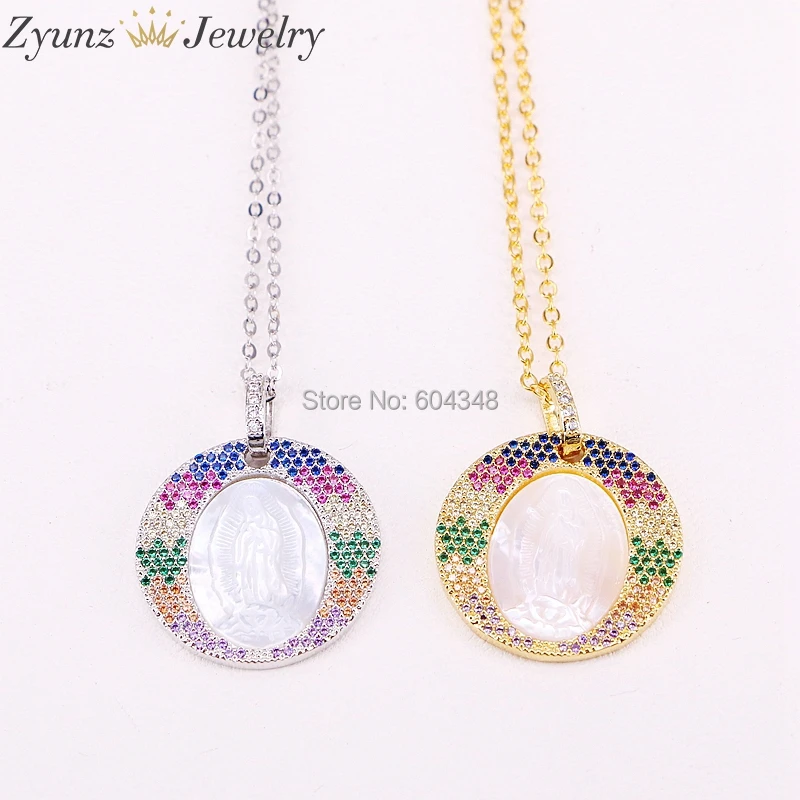 

5 Strands ZYZ298-1733 Multi-color CZ Micro Pave Round Shaped Oval Shell Jesus Pendant Necklace