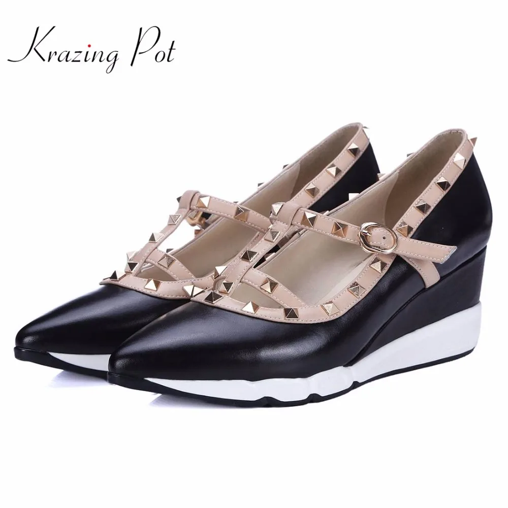 

New Shoes women fashion pointed toe platform wedges rivets high heels buckle straps runway pumps brand wedding casual shoes L5f3