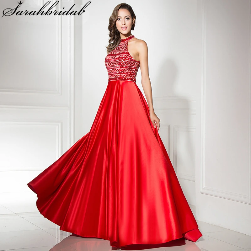 

Luxurious Evening Dresses Long A Line Sexy Back High Collar Beading Crystal Formal Banquet Party Gown Robe De Soiree LSX317